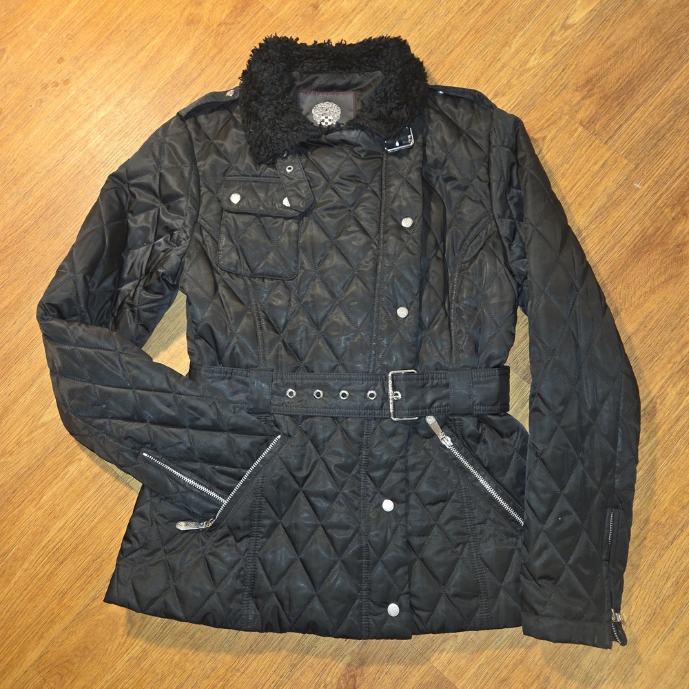 Vince Camuto Black Quilted Belted Puffer Jacket with Faux Fur Collar